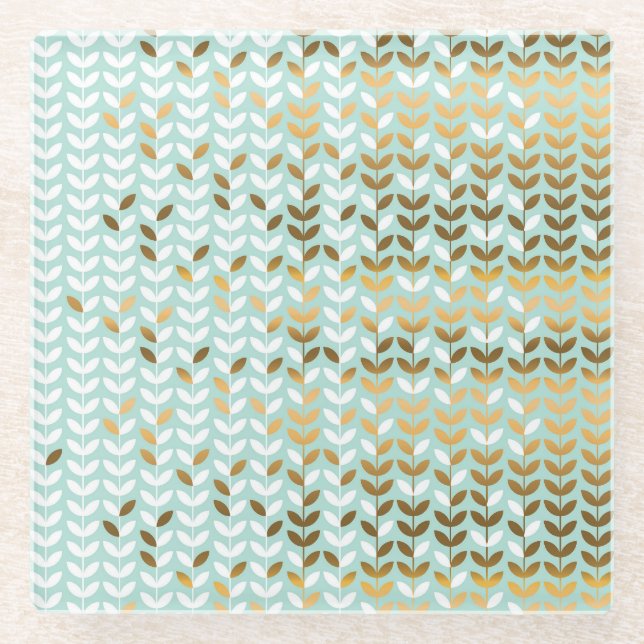 Posavasos De Vidrio Patrón elegante de hojas verdes doradas (Anverso)