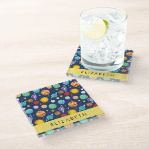 Posavasos De Vidrio Patrón espacial, planetas, estrellas, cosmos, tu n