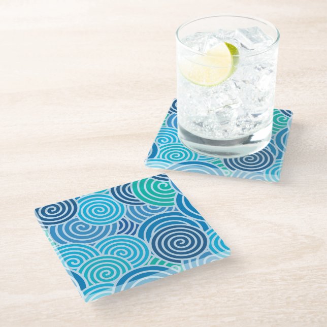 Posavasos De Vidrio Patrón espiral azul moderno (Angular)