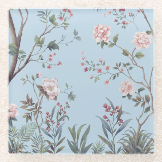 Posavasos De Vidrio Patrón floral anticuado azul (Anverso)