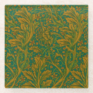 Posavasos De Vidrio Patrón Floral Arcadia Verde Dorado William Morris