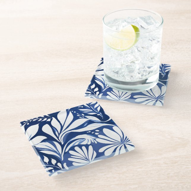 Posavasos De Vidrio Patrón floral azul de acuarela botánica (Angular)