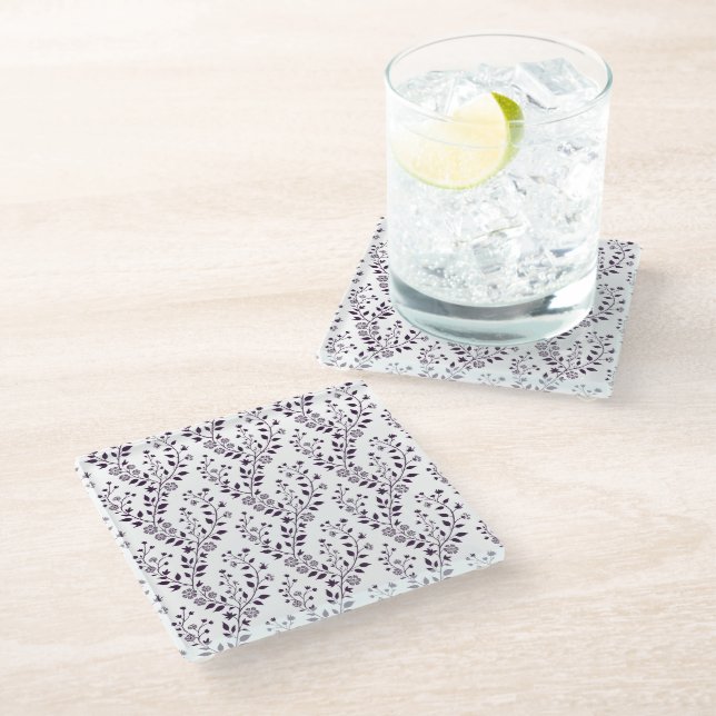 Posavasos De Vidrio Patrón floral boho moderno ciruela blanco (Angular)