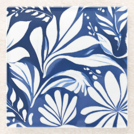 Posavasos De Vidrio Patrón Floral Botánico Acuarela Azul