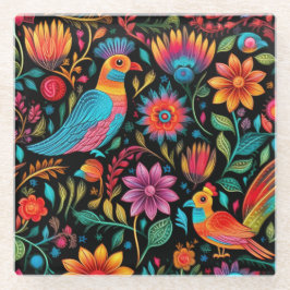 Posavasos De Vidrio Patrón floral colorido mexicano