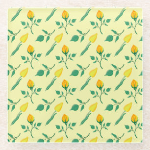 Posavasos De Vidrio Patrón floral con flores amarillas de rosa y tulip