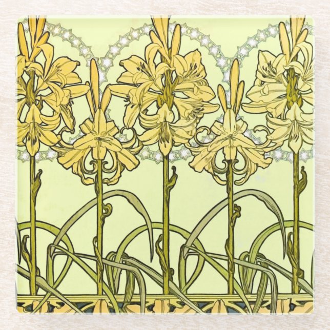 Posavasos De Vidrio Patrón floral de Alfonse Mucha Art Nouveau Lily (Anverso)