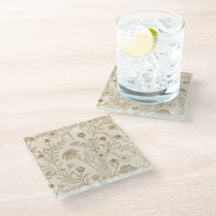Posavasos De Vidrio Patrón floral de arte de línea botánica sepia anti