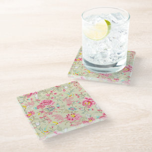 Posavasos De Vidrio Patrón floral de ave de chinoiserie japonés vintag