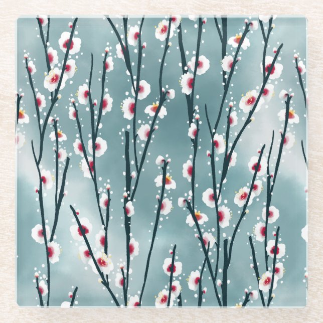 Posavasos De Vidrio Patrón floral de ciruela de primavera (Anverso)