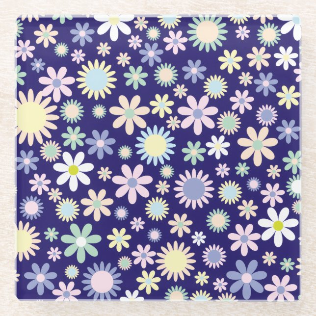 Posavasos De Vidrio Patrón floral de fondo azul (Anverso)