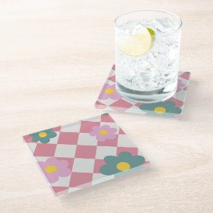Posavasos De Vidrio Patrón floral de gingham rosa – Flor hermosa retro