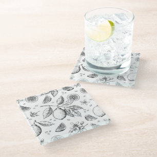 Posavasos De Vidrio Patrón floral de limón de frutas tropicales vintag
