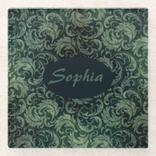 Posavasos De Vidrio Patrón floral elegante adamascado verde