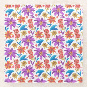 Posavasos De Vidrio Patrón floral exótico colorido de mano-70703