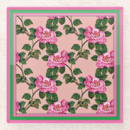 Posavasos De Vidrio Patrón Floral Marco Rosa Campo
