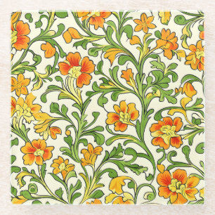 Posavasos De Vidrio patrón floral naranja y amarillo Art Nouveau