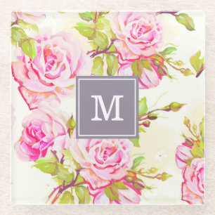 Posavasos De Vidrio Patrón floral personalizado Vidrio monograma C ant
