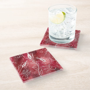Posavasos De Vidrio Patrón floral rojo y blanco