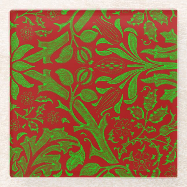 Posavasos De Vidrio Patrón floral rojo y verde (Anverso)