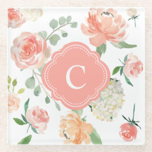 Posavasos De Vidrio Patrón floral rosa y rosa con monograma