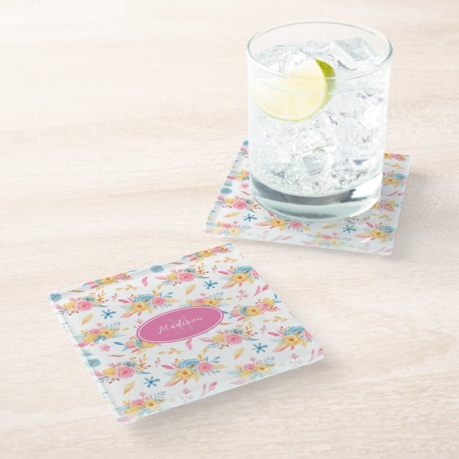 Posavasos De Vidrio Patrón floral rosado Monogramado KItchen (Angular)