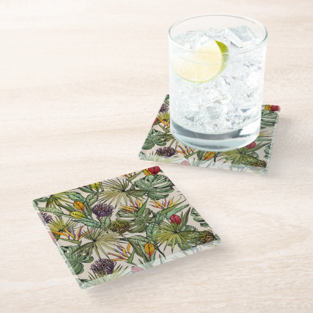 Posavasos De Vidrio Patrón floral tropical (Angular)