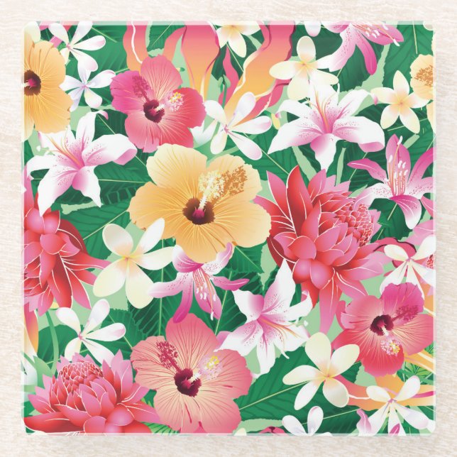 Posavasos De Vidrio Patrón floral tropical Hibiscus 2 (Anverso)