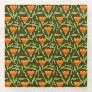Posavasos De Vidrio Patrón floral vintage con tulipanes naranjas