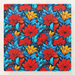 Posavasos De Vidrio Patrón Flores Amarillas Rojas Florales