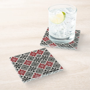 Posavasos De Vidrio Patrón folclórico geométrico keffiyeh blanco rojo