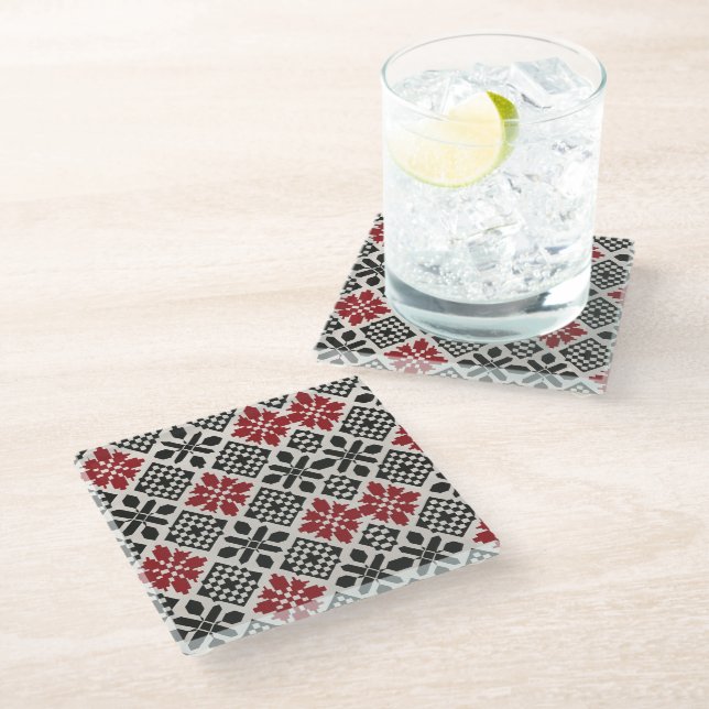 Posavasos De Vidrio Patrón folclórico geométrico keffiyeh blanco rojo (Angular)