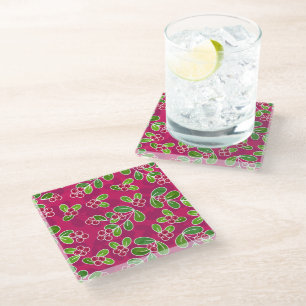 Posavasos De Vidrio Patrón Foliage de Cranberry Festial, Fuchsia