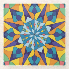 Posavasos De Vidrio Patrón geométrico fractal azul y amarillo