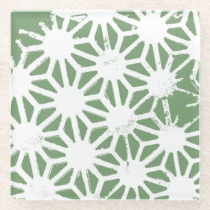 Posavasos De Vidrio Patrón geométrico verde oliva y blanco
