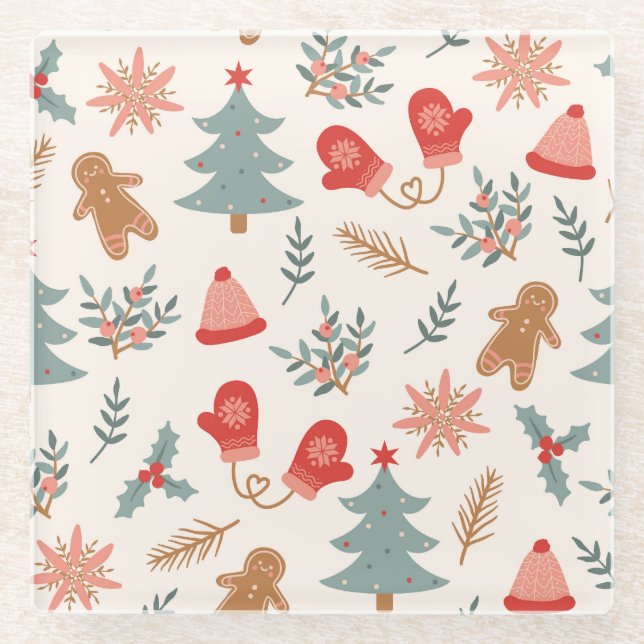 Posavasos De Vidrio Patrón Gingerbread Navidades Retro. (Anverso)