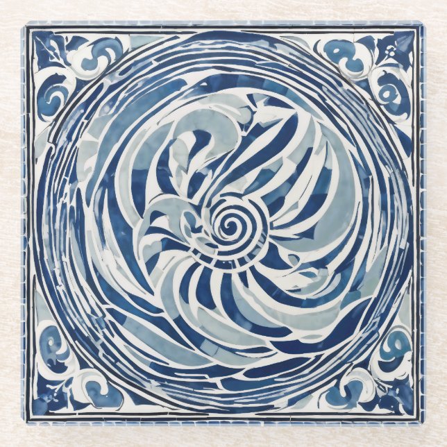 Posavasos De Vidrio Patrón giratorio blanco azul 02 (Anverso)