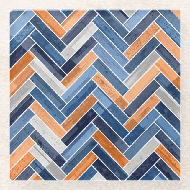 Posavasos De Vidrio Patrón Herringbone en azul y Naranja de la marina (Anverso)