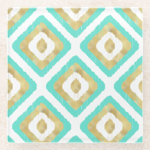 Posavasos De Vidrio Patrón Ikat de Moda Oro y Turquesa
