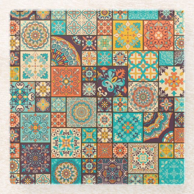 Posavasos De Vidrio Patrón islámico sin foco, de tejas árabes. (Anverso)