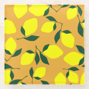 Posavasos De Vidrio Patrón limón simple, fondo naranja.