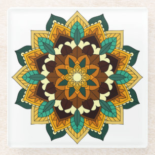 Posavasos De Vidrio Patrón Mandala 02 en amarillo y marrón
