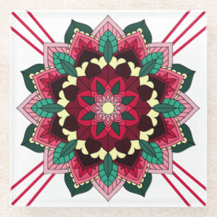 Posavasos De Vidrio Patrón Mandala 02 en montaña de vidrio rosa profun