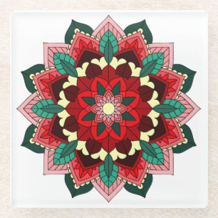 Posavasos De Vidrio Patrón Mandala 02 en rojo