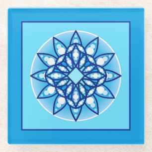 Posavasos De Vidrio Patrón Mandala en azul turquesa y cobalto