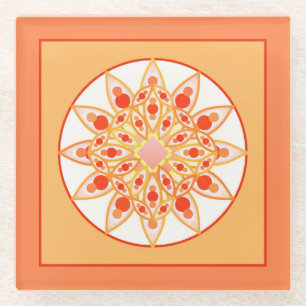 Posavasos De Vidrio Patrón Mandala en coral, Naranja y oro