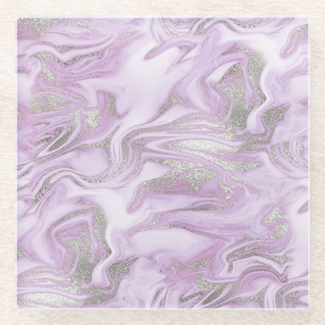 Posavasos De Vidrio Patrón moderno de mármol morado y plateado claro (Anverso)