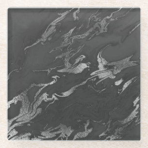 Posavasos De Vidrio Patrón moderno de mármol negro y plateado