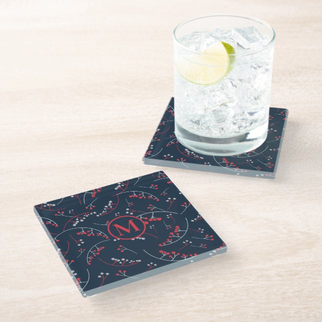 Posavasos De Vidrio Patrón moderno monograma gris rojo de berry marina (Angular)