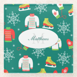Posavasos De Vidrio Patrón Monograma Verde azulado de patines de hielo